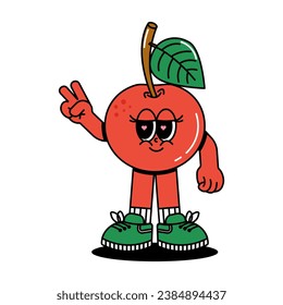 Cute character Cherries in groovy cartoon style. Trendy and modern illustration with funky comic mascot. Red, green colors of fruit. 70s, 80s retro vibes. Vector illustration