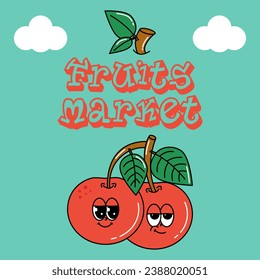 Cute character Cherries in groovy cartoon style. Vintage mascot card with psychedelic smile and emotion. 70s, 80s retro vibes. Funky vector illustration