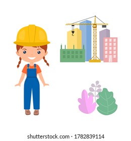 Cute character chibi girl in workwear. Professions for kids. Flat cartoon style. Vector illustration