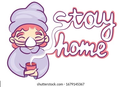 Cute character child in a bathrobe and with a towel on his head in a protective mask holds a mug with hot tea. The inscription stay home. Cozy vector illustration for warning of coronavirus. 