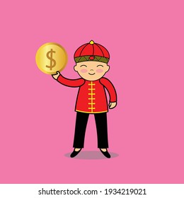 cute character chinese with gold coin