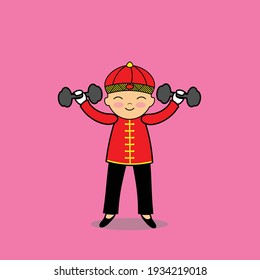 cute character chinese lifting barbell