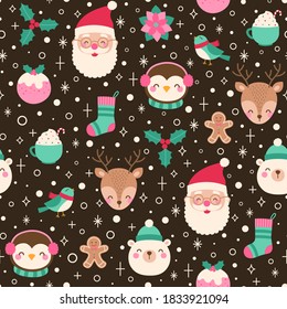 Cute character and christmas elements seamless pattern.