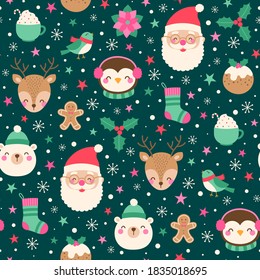 Cute character and christmas elements seamless pattern.