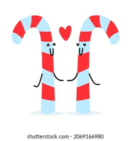 Cute character Christmas lollipop. A couple holding hands, next to a heart icon. Emotional faces of New Year's items. Striped Candy Canes