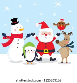 Cute character Christmas, Santa, snowman, reindeer, penguin, and robin design