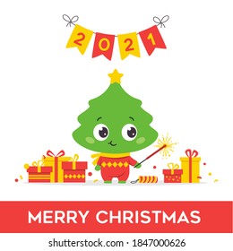 Cute character Christmas tree. Illustration for children. Character for decorating postcards. Vector image of a Christmas tree. 2021 year. Christmas cards. Green Christmas tree.
