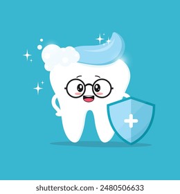 Carácter lindo de un diente limpio y saludable usando gafas con pasta de dientes y un escudo protector. Ilustración de la odontología infantil. Higiene oral, cepillado de dientes.