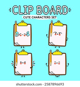 Cute character clipboards with expressive faces and playful emotions in a colorful design