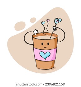 Cute character of coffee cup who stirs coffee and have hearts, for Valentine's day and more. Best for postcard, stickers and more designs. Vector flat style illustration.