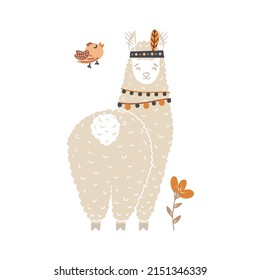 Cute character concept in cartoon style. A kind llama with a bird and a flower in the boho style in a pastel palette. Design for a children's party, website, poster, invitation, nursery.