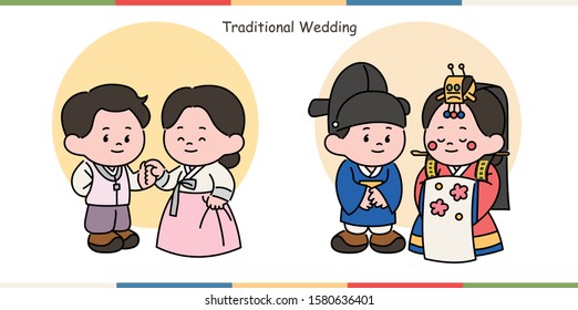 Cute character couple wearing Korean traditional costumes and wedding dress. hand drawn style vector design illustrations. 