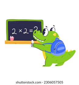 Cute character crocodile schoolboy writes on the blackboard. Cartoon flat baby crocodile with backpack. Elementary school vector illustration.