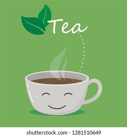 Cute character cup of tea on isolated green background