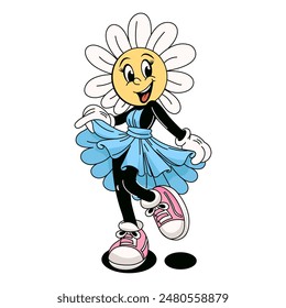 The cute character is a daisy flower. A retro comic mascot. Fashionable summer vector illustration.