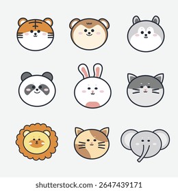 Animais de design de personagens bonitos. Coleção de zoológicos Farm Happy. Sorria cara animais caráter. Kawaii isolado.