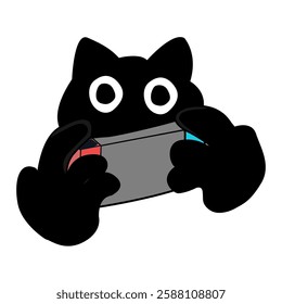 Cute character design of a black cat playing a video game.