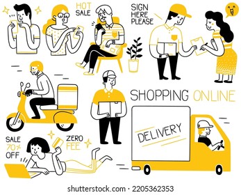 Cute character design, doodle style of people shopping online with delivery service concept. Outline, thin line art, handdrawn sketch design, simple style.