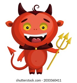 Cute character in a devil costume, an imp with a pitchfork. Image for a party for the holiday Halloween. Cartoon vector graphics.