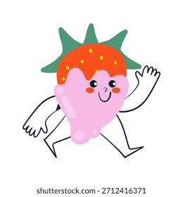 Carácter lindo mojado elemento de fresa con expresión facial para el día de San Valentín. Ilustración vectorial aislada estilo Doodle.