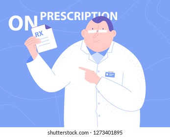 Cute character doctor man. In the hands of holding a prescription for medicine. Medical illustration. Vector on bright blue background.