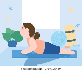 Personaje lindo haciendo yoga cobra pose en una estera para el equilibrio del cuerpo, Ilustración vectorial plana de bienestar en el hogar.