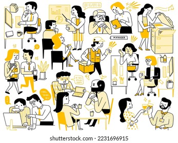 Cute character dooddle illustration of business office people in various poses, activities, lifestyle.  Outline, linear, thin line art, hand drawn sketch design, simple style.