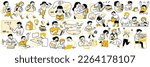 Cute character doodle illustration of back to school concept and education. Various student, teacher, walking, jumping, happy, reading book, learning, activities, imagination. Outline, hand drawn.
