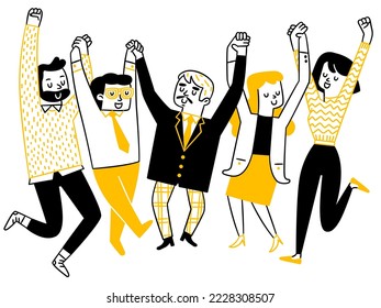 Cute character doodle illustration of business team work holding and raising hands together, happy with success. Outline, thin line art, hand drawn sketch design, simple style.