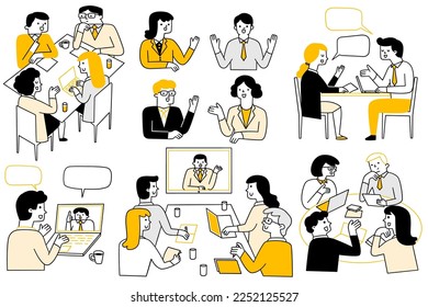 Cute character doodle illustration of business people, man and woman, in meeting, speaking, speech, discussion, brainstorming, online meeting. Outline, linear, thin line art, hand drawn sketch.