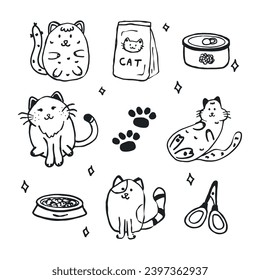 Cute character doodle illustration of cat. Felines, cat food, cat paws. Hand drawn