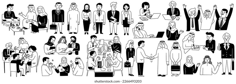 Cute character doodle illustration of different businesspeople in various poses and activities. Multicultural concept, Arabian, african, asian, caucasian, sikhs, Indian. Black and white ink draw style