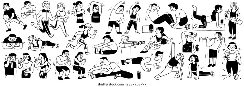 Cute character doodle illustration of different people doing outdoor workout, fitness, exercise, activities. Outline, linear, thin line art, hand drawn sketch, black and white ink style. 