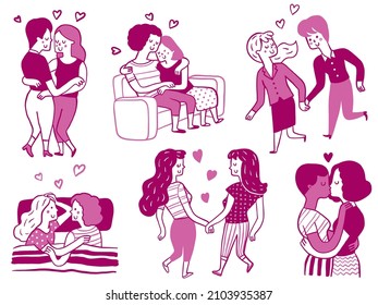 Cute character doodle illustration set lesbian couple in love   romantic moment together  Multiracial  diversity    different people  Hand drawn sketch design  outline  thin line art  
