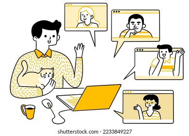 Cute character doodle illustration of teen group greeting and talking with friends online with video chat call, virtual meeting. Outline, thin line art, hand drawn sketch.