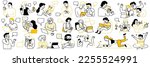 Cute character doodle illustration of various people at many ages, using digital gadget in multi purpose, calling, messaging, learning online, social media, etc. Outline, thin line art, hand drawn.
