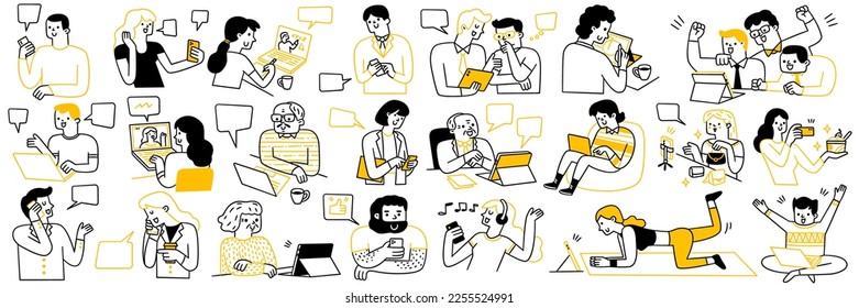 Cute character doodle illustration of various people at many ages, using digital gadget in multi purpose, calling, messaging, learning online, social media, etc. Outline, thin line art, hand drawn.