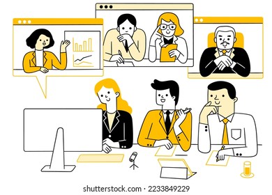 Cute character doodle illustration of video call business people group, meeting online. Outline, liinear, thin line art, hand drawn sketch design, simple style.