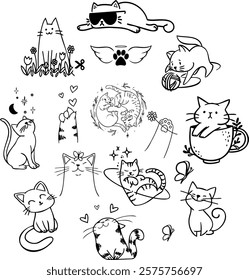 Cute character doodle pose collection illustration of cat Felines cat paws and hearts Hand drawn pose collection. Funny and cute pets, doodle black different kittens and cats sitting lying and playing