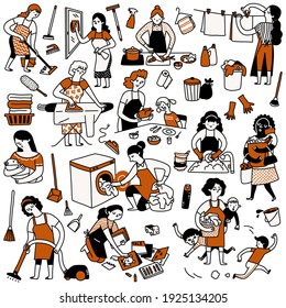 Cute character doodle set of very busy housewife in daily routine activities, cleaning, washing dishes, cooking, ironing, hang dry clothes, shopping, take care children, with household items. 