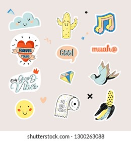 Cute character doodles for patches and stickers - creative set with trendy quotes and cool stylized elements. Feminism Girl power quote. Cartoon style illustration in vector.