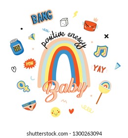 Cute character doodles for patches and stickers - creative set with trendy quotes and cool stylized elements. Feminism Girl power quote. Cartoon style illustration in vector.