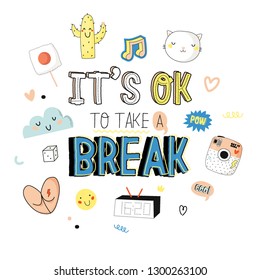Cute character doodles for patches and stickers - creative set with trendy quotes and cool stylized elements. Feminism Girl power quote. Cartoon style illustration in vector.