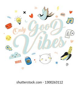 Cute character doodles for patches and stickers - creative set with trendy quotes and cool stylized elements. Feminism Girl power quote. Cartoon style illustration in vector.
