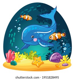 Cute character drawn by a Whale Vector illustration. Coral reef. Marine set. Funny cute ocean animals. Sea creatures. Cartoon sea character. Marine animals and aquatic plants. Underwater world. Tropic