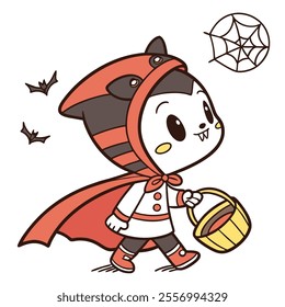 A cute character dressed as a vampire, carrying a basket and smiling.