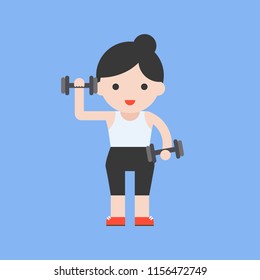 cute character and dumbbell weight lifting set, flat design
