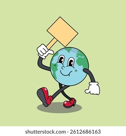 Cute Character of Earth day vector holding blank copy space warning board 
