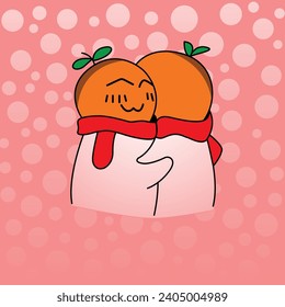 cute character emote hugging orange fruit
