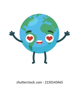 Cute character emotional love planet earth. Happy environment day concept. Eco friendly, save ecology concept. World map globe face emoji